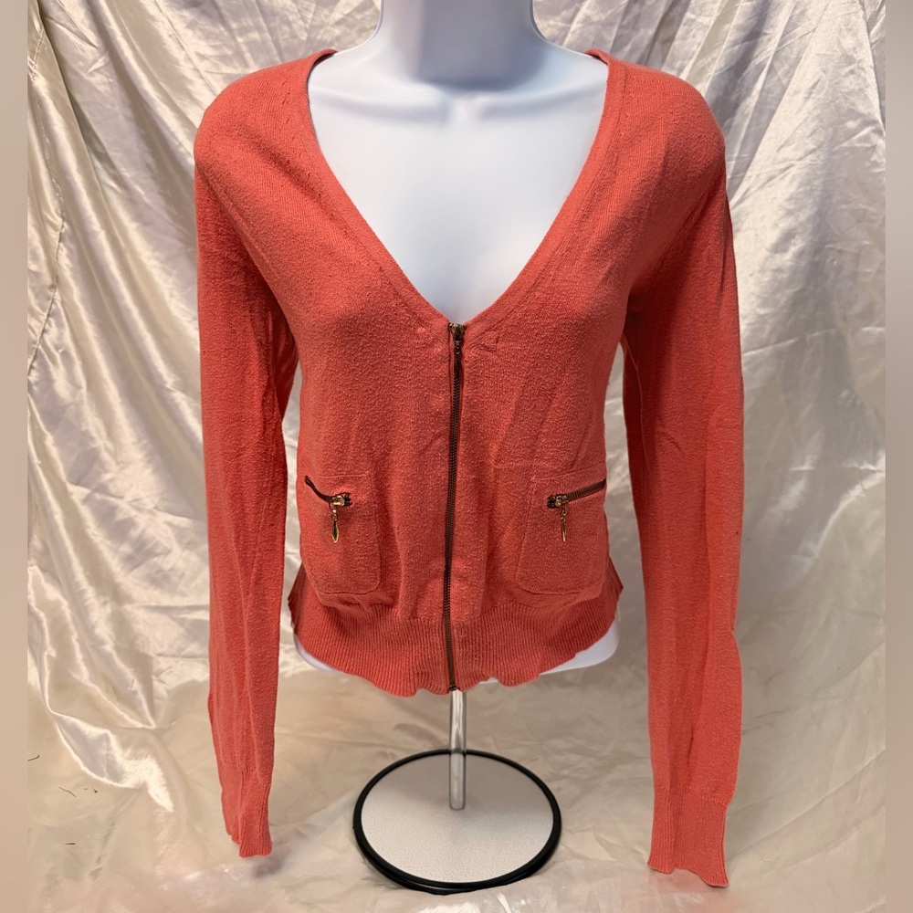 Stylish Coral V-Neck Zip Front Sweater